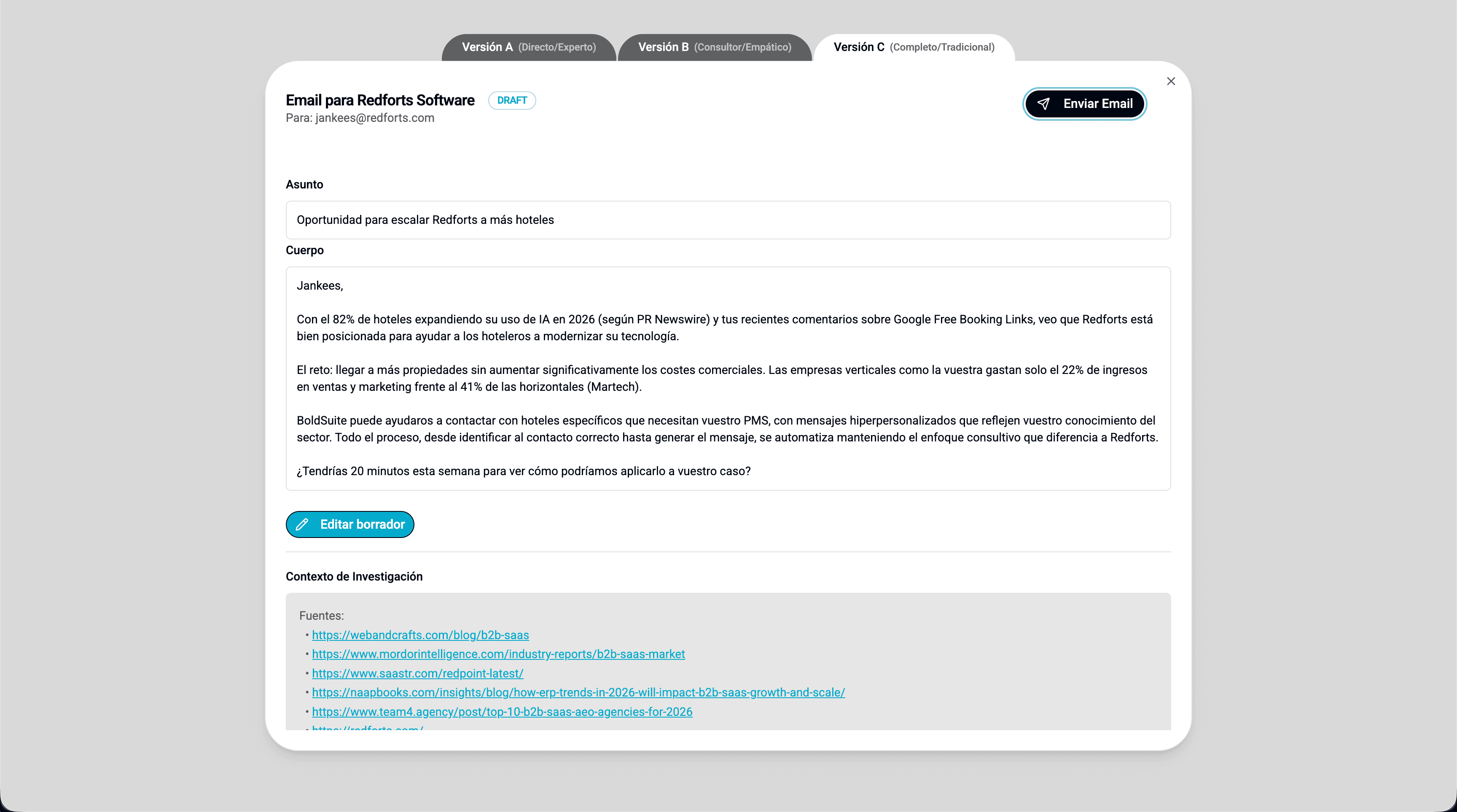 Preview del email con contexto de investigación